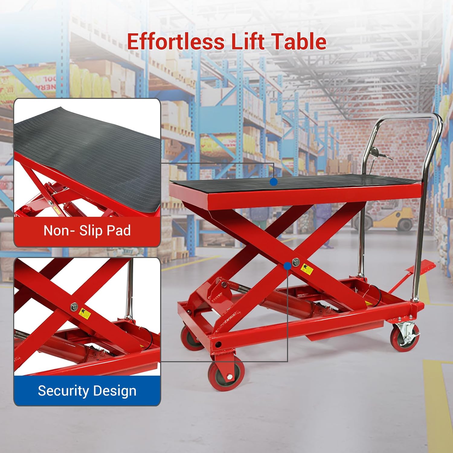 500LBS Hydraulic Lift Table Cart, 30" Lifting Height., Double Scissor Lift Table with 4 Wheels and Non-Slip Pad, Hydraulic Scissor Lift Table for Material Handling and Transportation