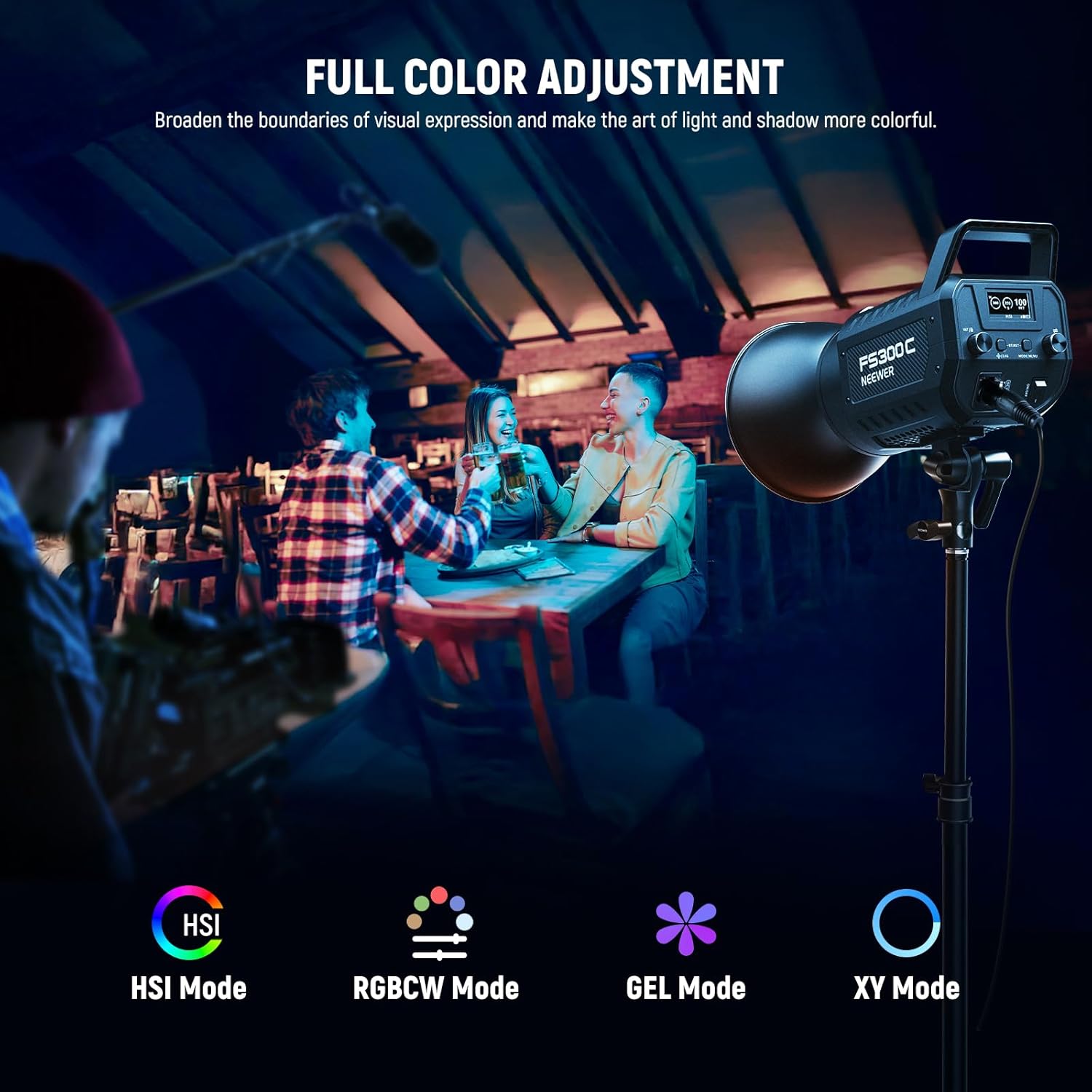130W RGB LED Video Light APP/2.4G Control 17 Effects, 2500-7500K 19800lux/1m COB Continuous Lighting Output with CRI97/TLCI98 4 Dimming Curves, Spotlight for Studio Shoots, FS150C