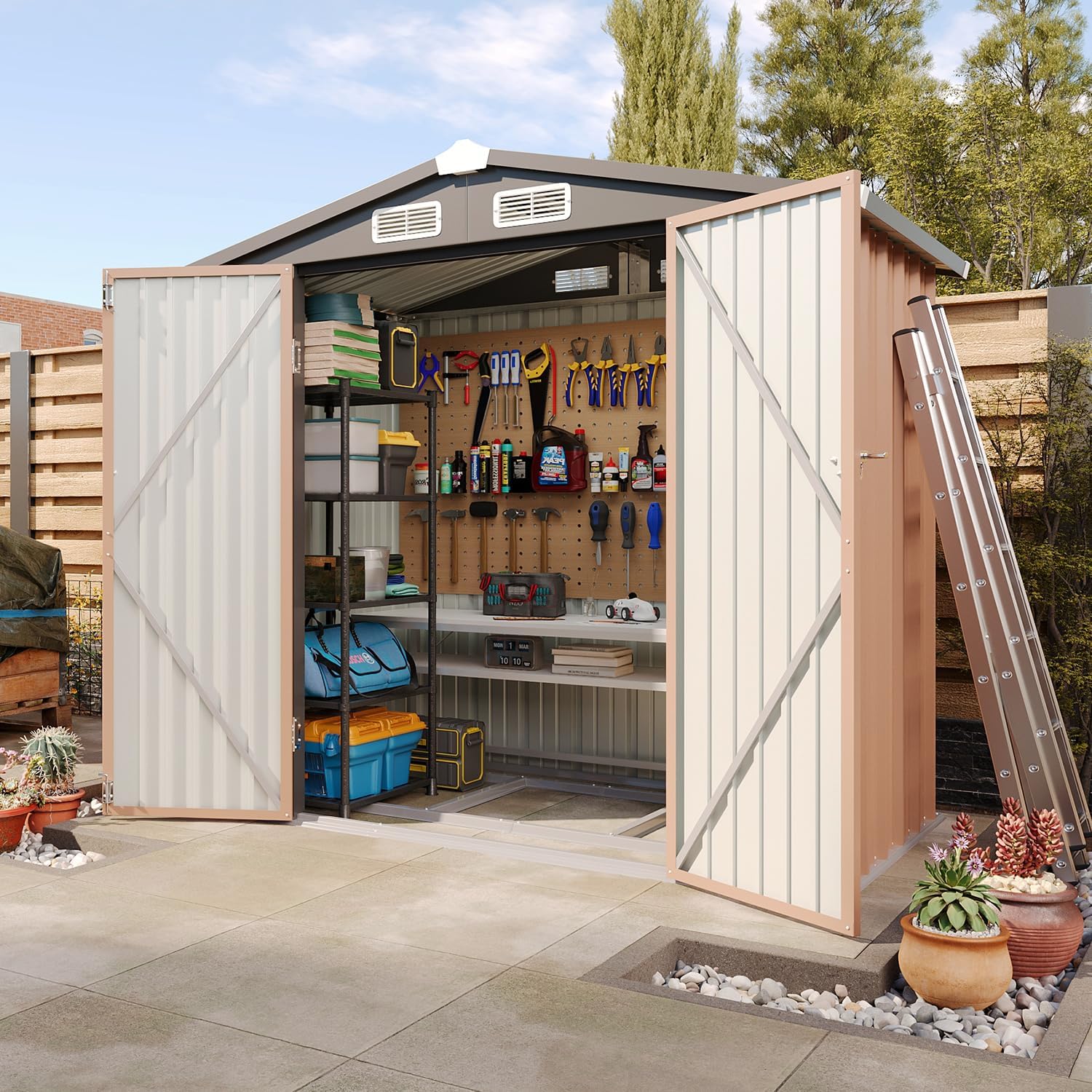 Aoxun 6.2x4 FT Shed Outdoor Storage Shed Metal Garden Shed with Lockable Doors & Slooping Roof Tool Shed Bike Shed for Backyard, Patio, Poolside (Brown)