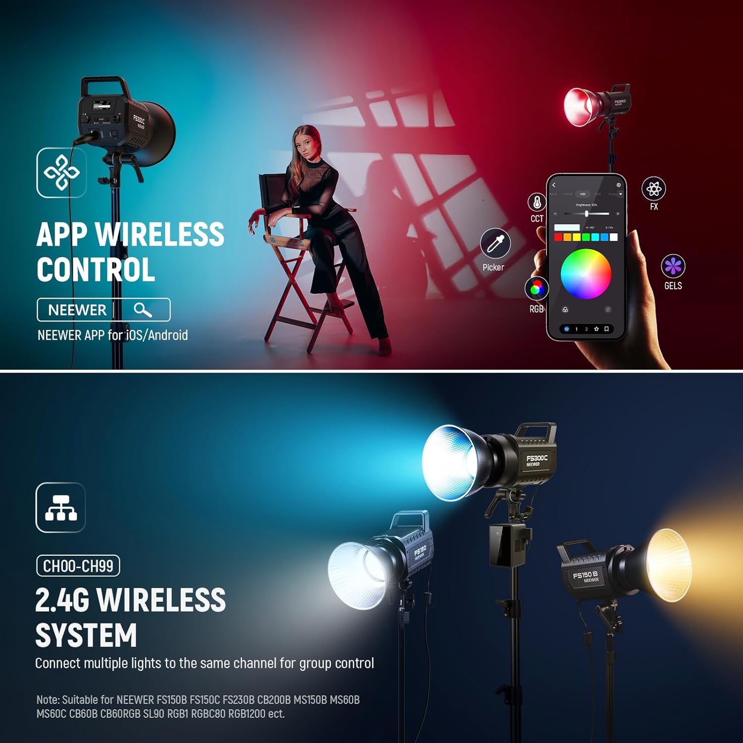 130W RGB LED Video Light APP/2.4G Control 17 Effects, 2500-7500K 19800lux/1m COB Continuous Lighting Output with CRI97/TLCI98 4 Dimming Curves, Spotlight for Studio Shoots, FS150C