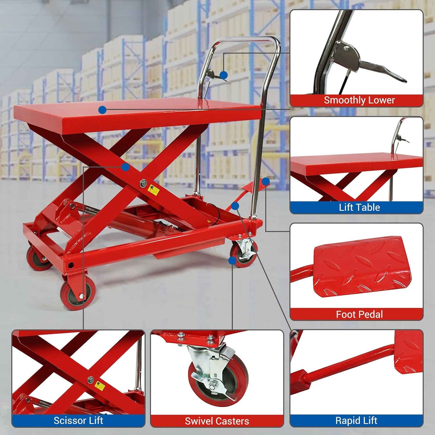 500LBS Hydraulic Lift Table Cart, 30" Lifting Height., Double Scissor Lift Table with 4 Wheels and Non-Slip Pad, Hydraulic Scissor Lift Table for Material Handling and Transportation