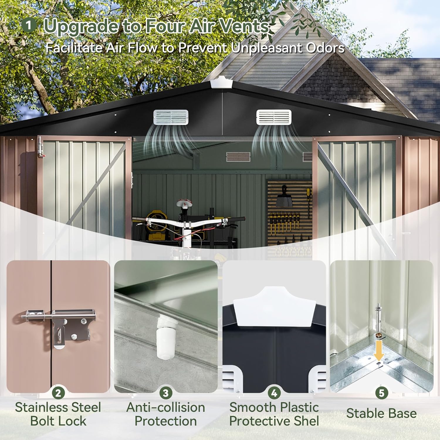 Aoxun 6.2x4 FT Shed Outdoor Storage Shed Metal Garden Shed with Lockable Doors & Slooping Roof Tool Shed Bike Shed for Backyard, Patio, Poolside (Brown)