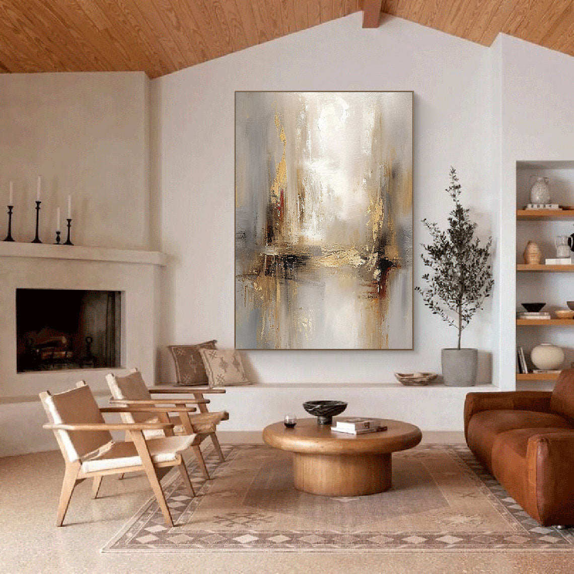 Grey And Beige Abstract Painting Gold Foil Texture Painting#AVG 004