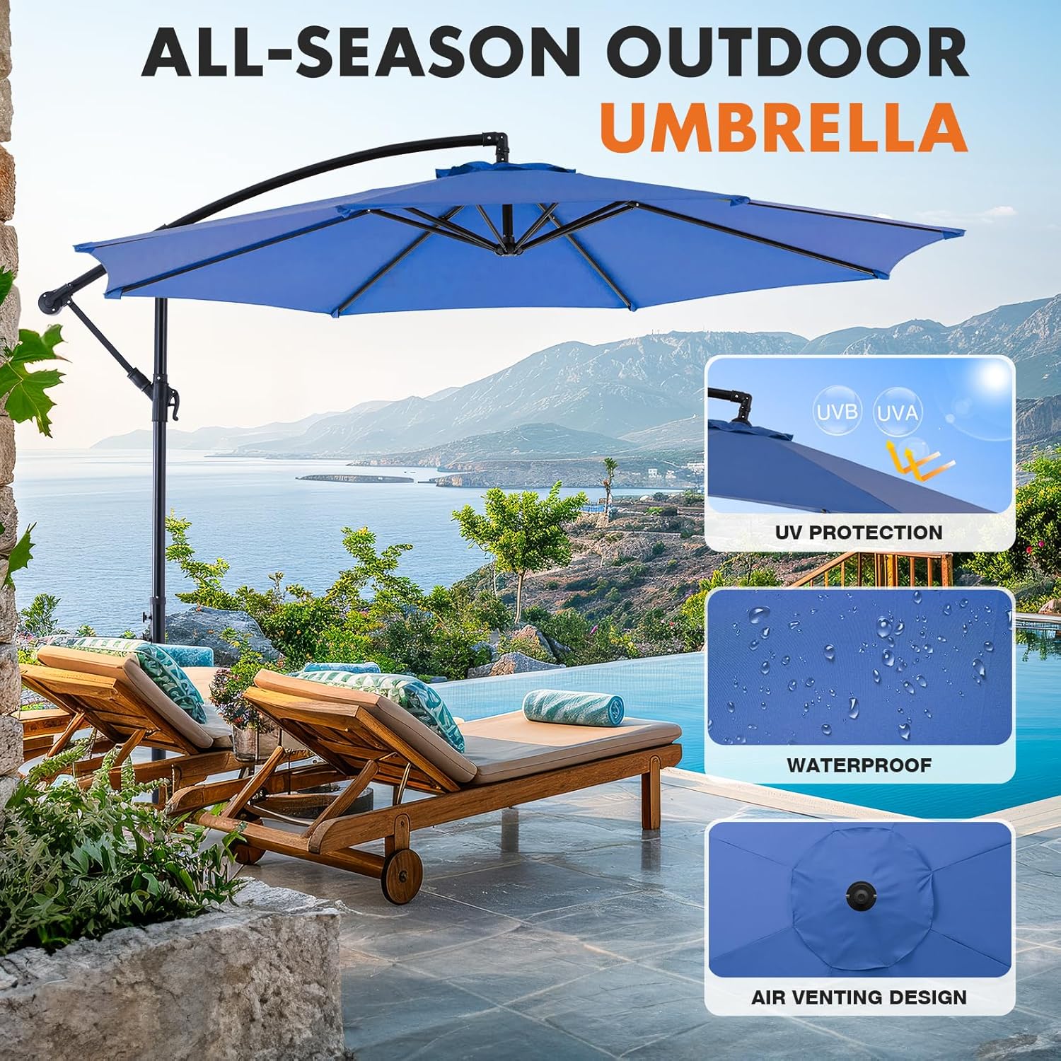 9.8FT Offset Patio Umbrella Hanging Cantilever Umbrella Outdoor Sun Shade with Easy Tilt Adjustment, 8 Ribs, UV Protection for Backyard, Lawn, Garden and Pool, Blue
