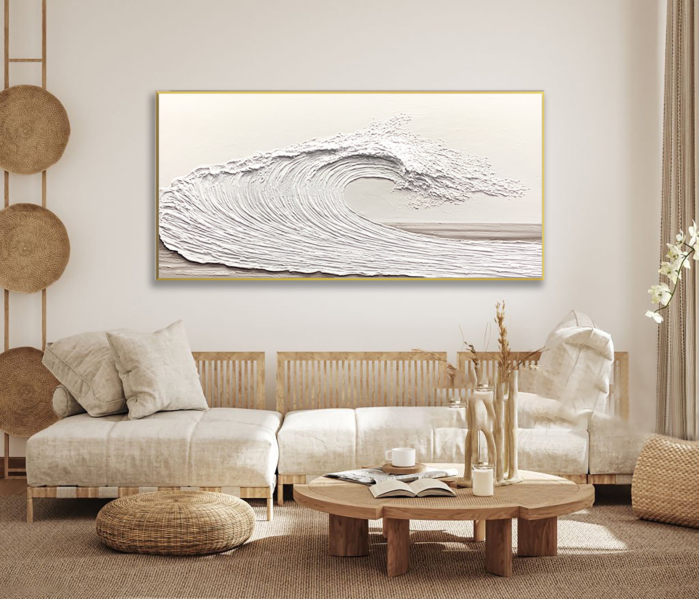 Minimalist White Ocean Wave Wall Art - Textured Coastal Oil Painting #LK005