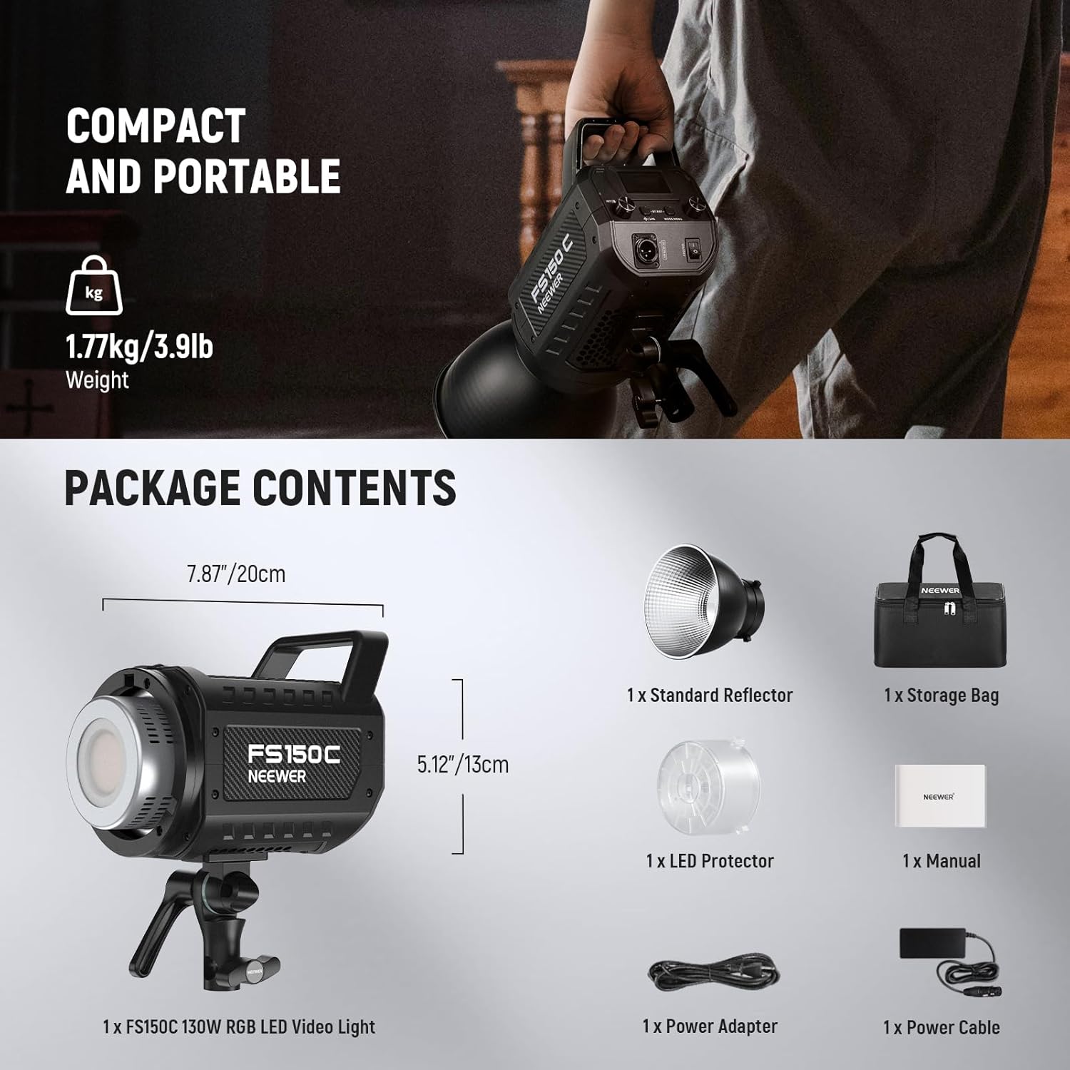 130W RGB LED Video Light APP/2.4G Control 17 Effects, 2500-7500K 19800lux/1m COB Continuous Lighting Output with CRI97/TLCI98 4 Dimming Curves, Spotlight for Studio Shoots, FS150C