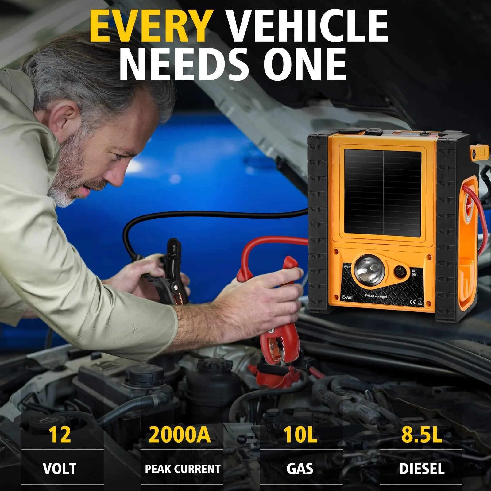 2000A Car Jump Starter with Air Compressor, 5W Solar Panel Portable Power Station, Tire Inflator 260PSI, Car Battery Charger with Inverter Dual 400W AC DC USB Ports, 12V Battery Pack Jump Box