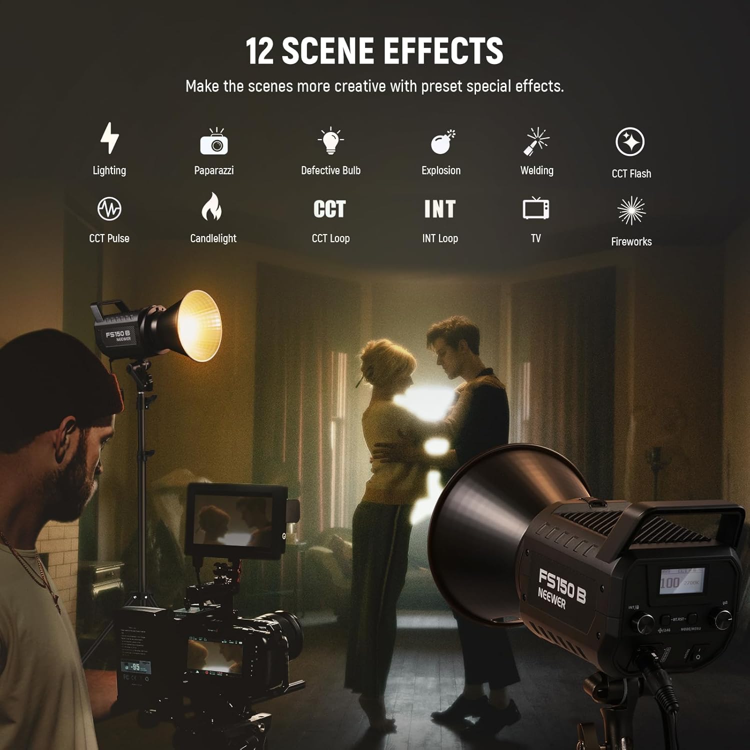 130W RGB LED Video Light APP/2.4G Control 17 Effects, 2500-7500K 19800lux/1m COB Continuous Lighting Output with CRI97/TLCI98 4 Dimming Curves, Spotlight for Studio Shoots, FS150C