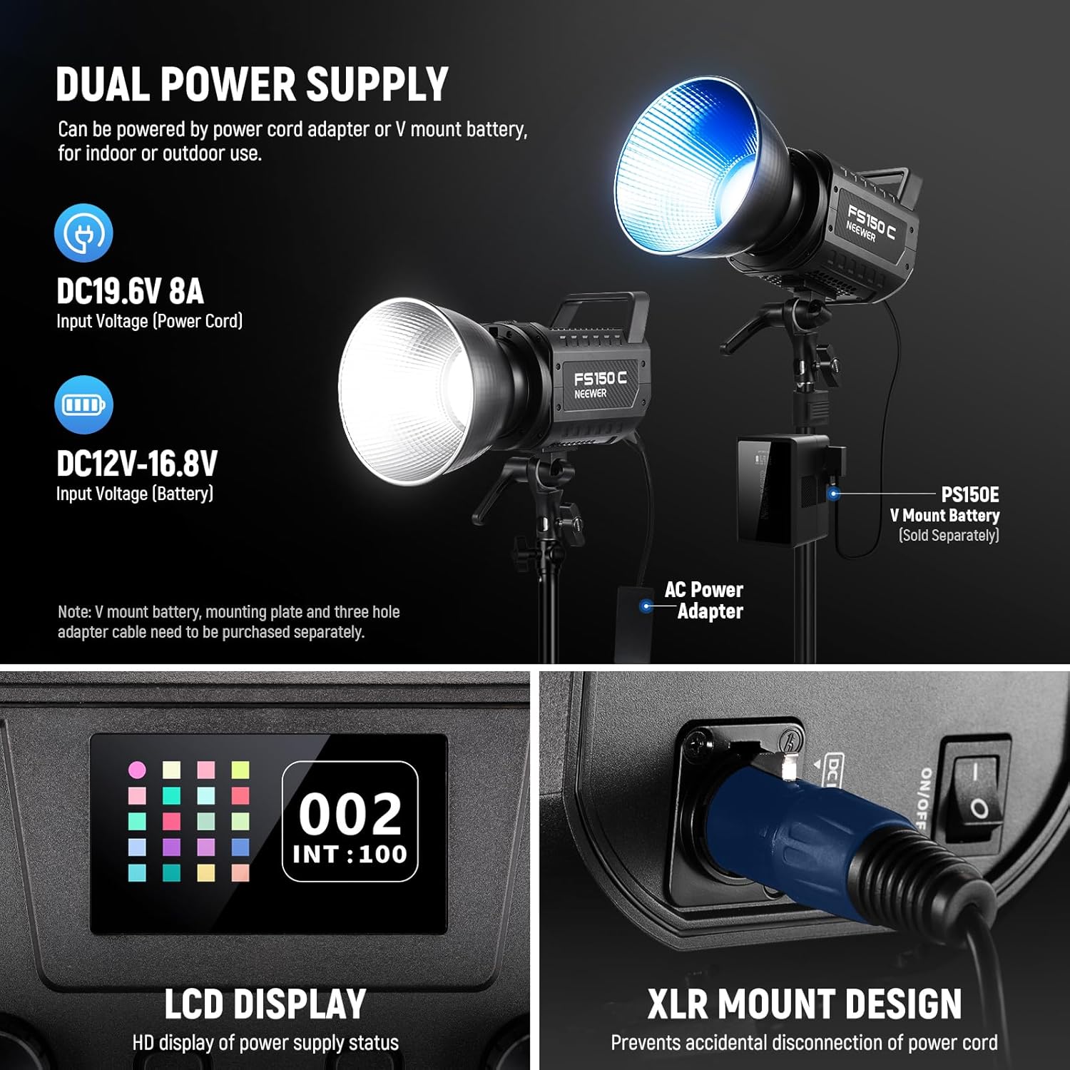 130W RGB LED Video Light APP/2.4G Control 17 Effects, 2500-7500K 19800lux/1m COB Continuous Lighting Output with CRI97/TLCI98 4 Dimming Curves, Spotlight for Studio Shoots, FS150C