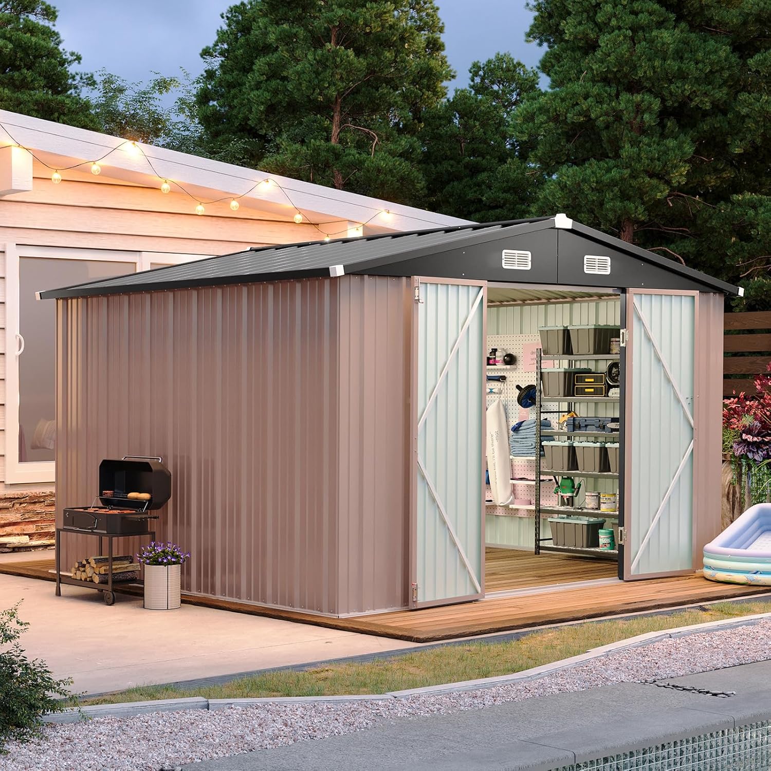 Aoxun 6.2x4 FT Shed Outdoor Storage Shed Metal Garden Shed with Lockable Doors & Slooping Roof Tool Shed Bike Shed for Backyard, Patio, Poolside (Brown)