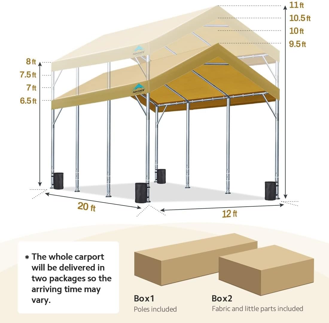 ADVANCE OUTDOOR 10x20 ft Heavy Duty Carport Potable Car Canopy Garage Party Tent Boat Shelter, Adjustable Height from 9.5 ft to 11 ft, Beige