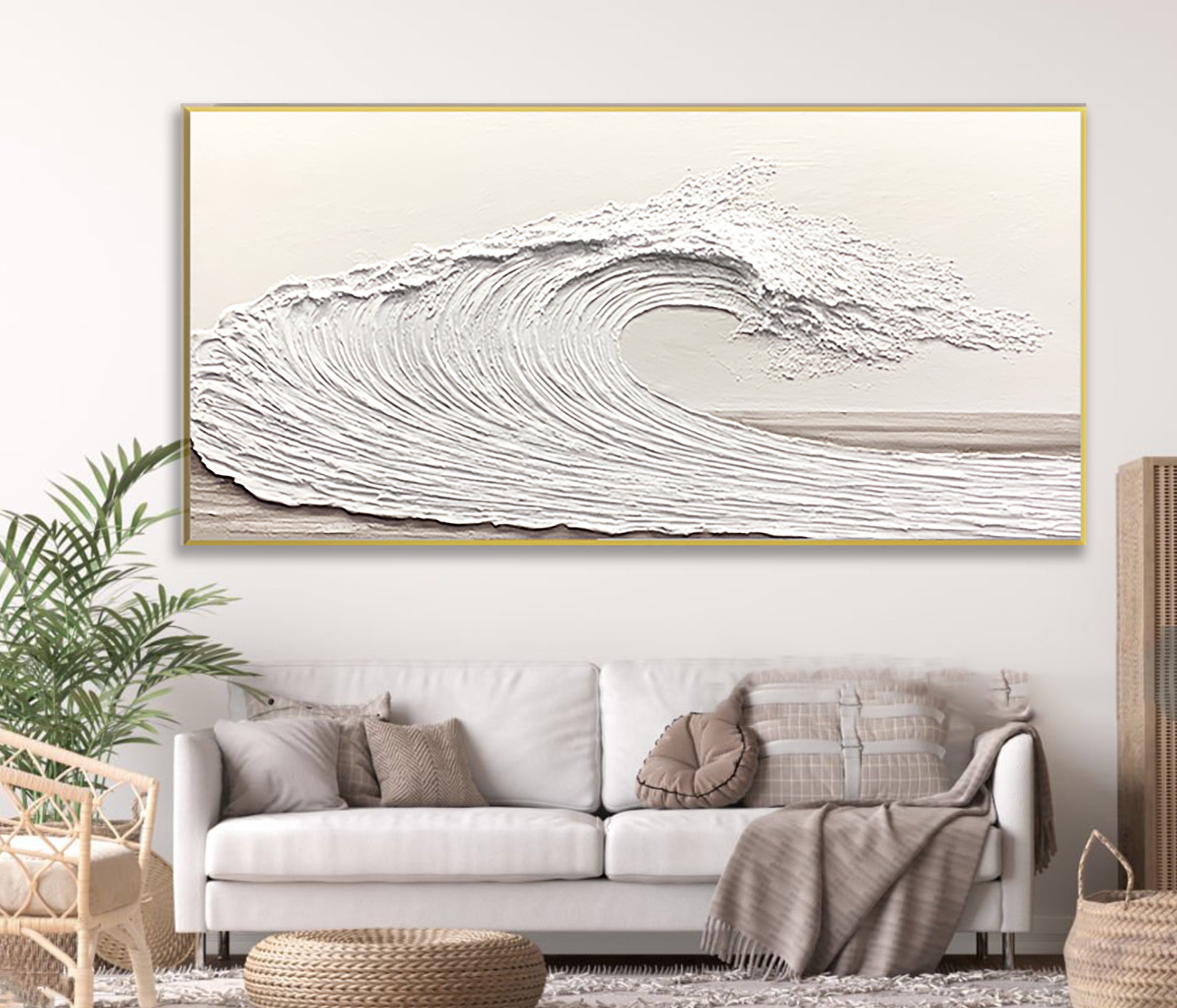 Minimalist White Ocean Wave Wall Art - Textured Coastal Oil Painting #LK005