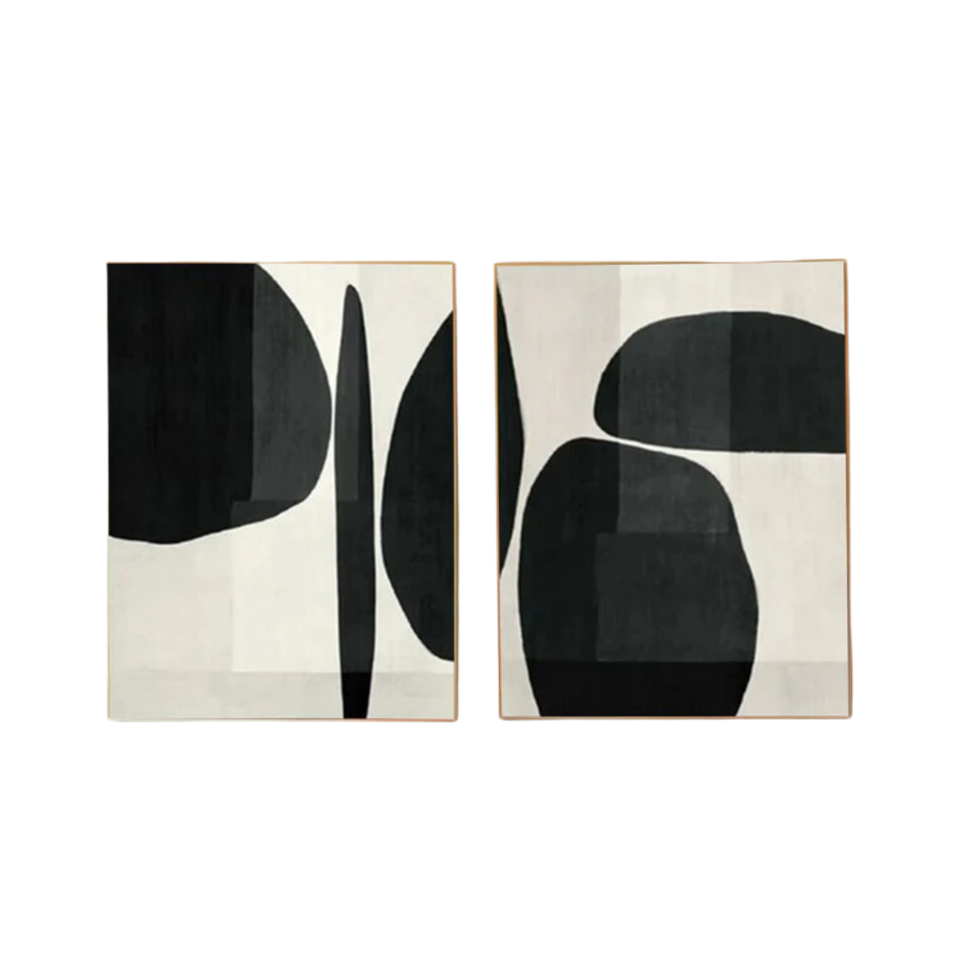 Abstract Geometric Canvas Art Black and White Painting Set of 2 #BWS 001