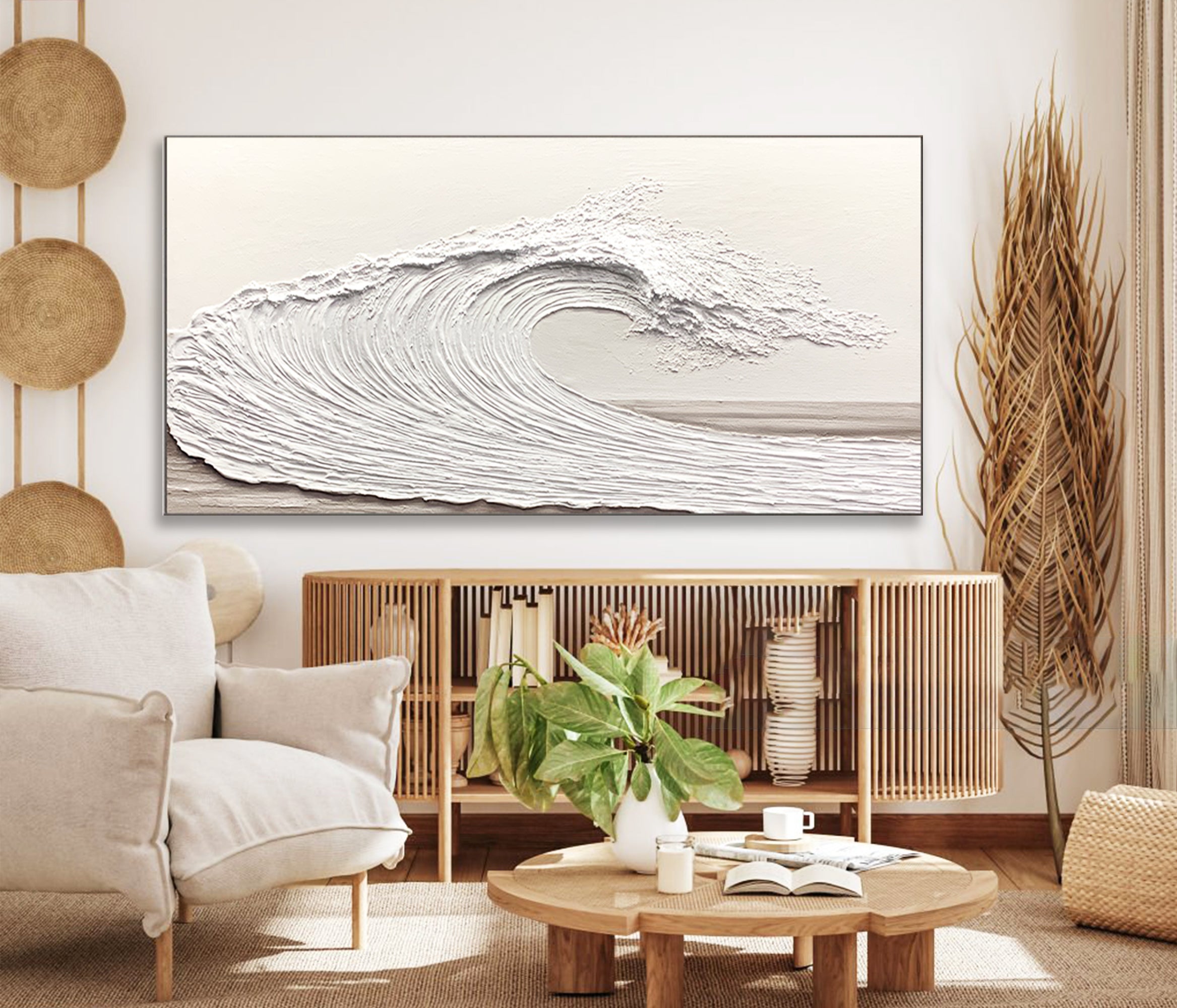 Minimalist White Ocean Wave Wall Art - Textured Coastal Oil Painting #LK005