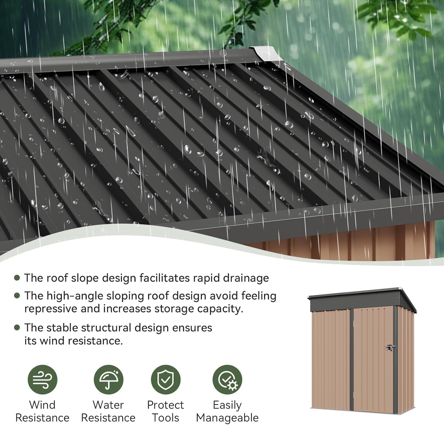 Aoxun 6.2x4 FT Shed Outdoor Storage Shed Metal Garden Shed with Lockable Doors & Slooping Roof Tool Shed Bike Shed for Backyard, Patio, Poolside (Brown)
