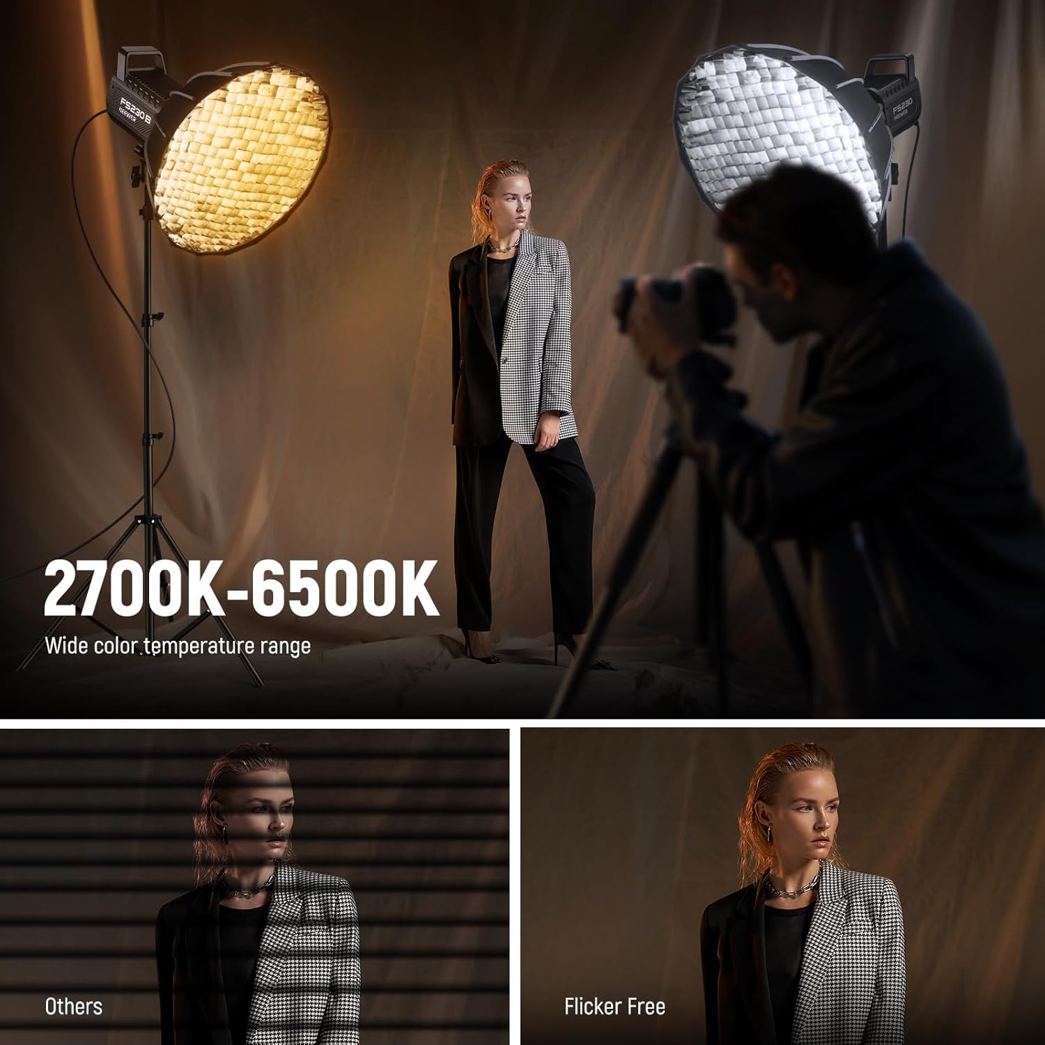 130W RGB LED Video Light APP/2.4G Control 17 Effects, 2500-7500K 19800lux/1m COB Continuous Lighting Output with CRI97/TLCI98 4 Dimming Curves, Spotlight for Studio Shoots, FS150C