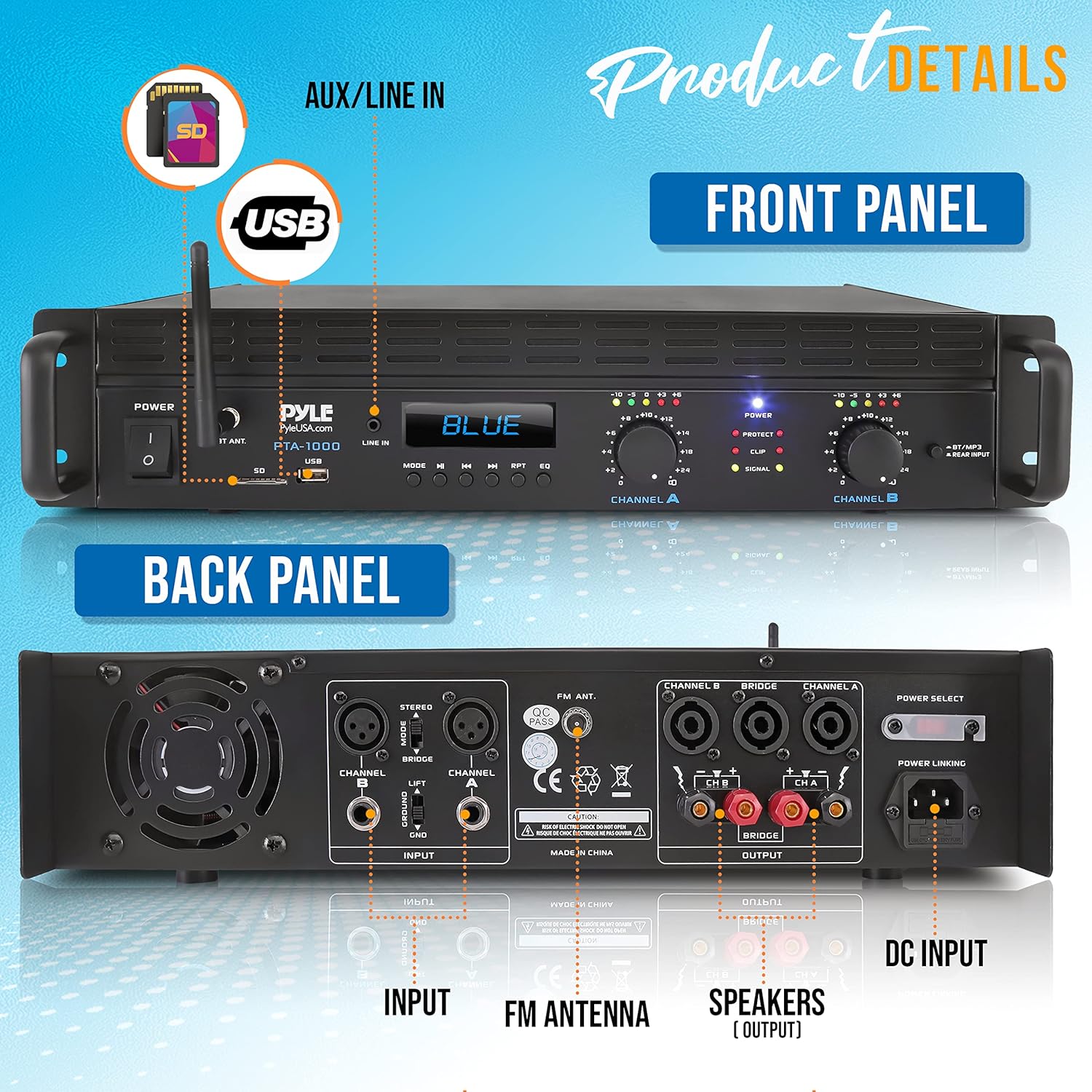 2-Channel Bluetooth Power Amplifier - 2000W Bridgeable Rack Mount Pro Audio Sound Wireless Home Stereo Receiver w/TRS XLR Input,LCD, Bridge Mode, Cooling Fan - Entertainment Speaker System