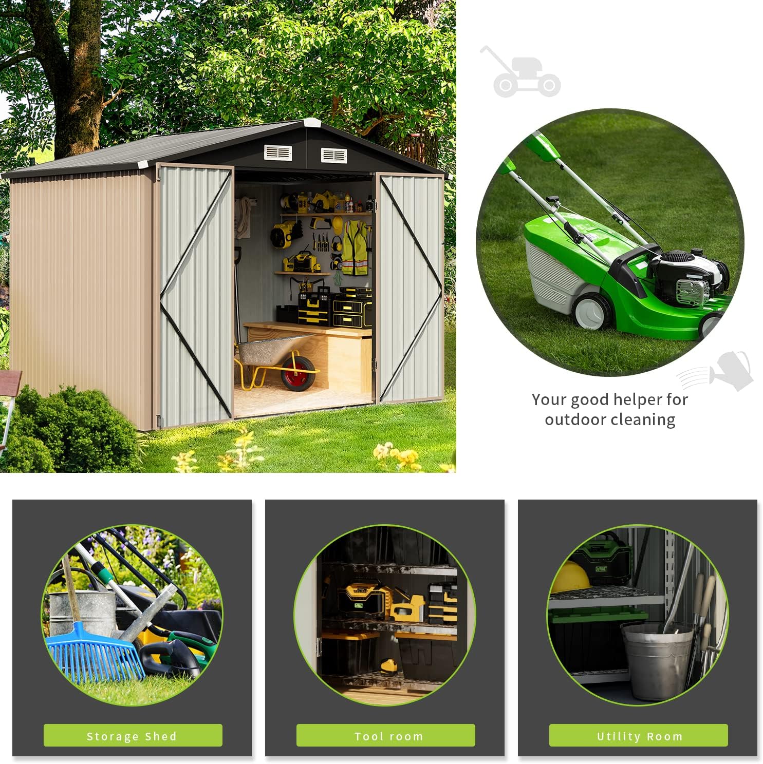 Aoxun 6.2x4 FT Shed Outdoor Storage Shed Metal Garden Shed with Lockable Doors & Slooping Roof Tool Shed Bike Shed for Backyard, Patio, Poolside (Brown)