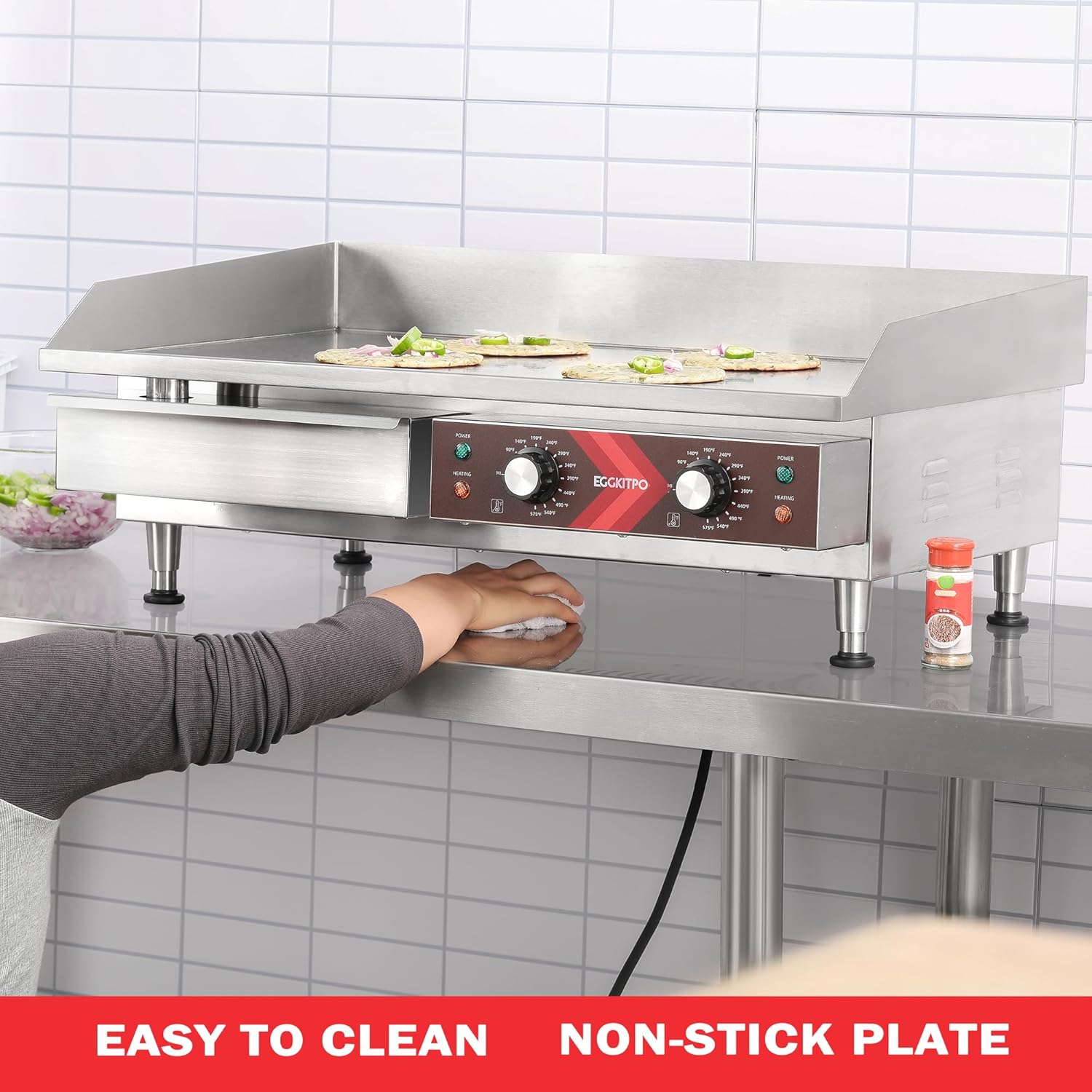 14 Inch Electric Griddle, Non-Stick Flat Top Grill Commercial Electric Countertop Griddles Stainless Steel Adjustable Temperature Control 90°F-575°F for Home or Restaurant Use