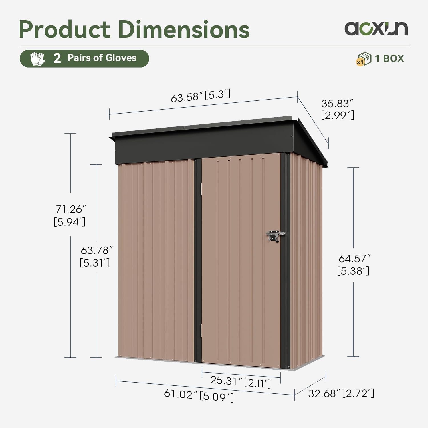Aoxun 6.2x4 FT Shed Outdoor Storage Shed Metal Garden Shed with Lockable Doors & Slooping Roof Tool Shed Bike Shed for Backyard, Patio, Poolside (Brown)