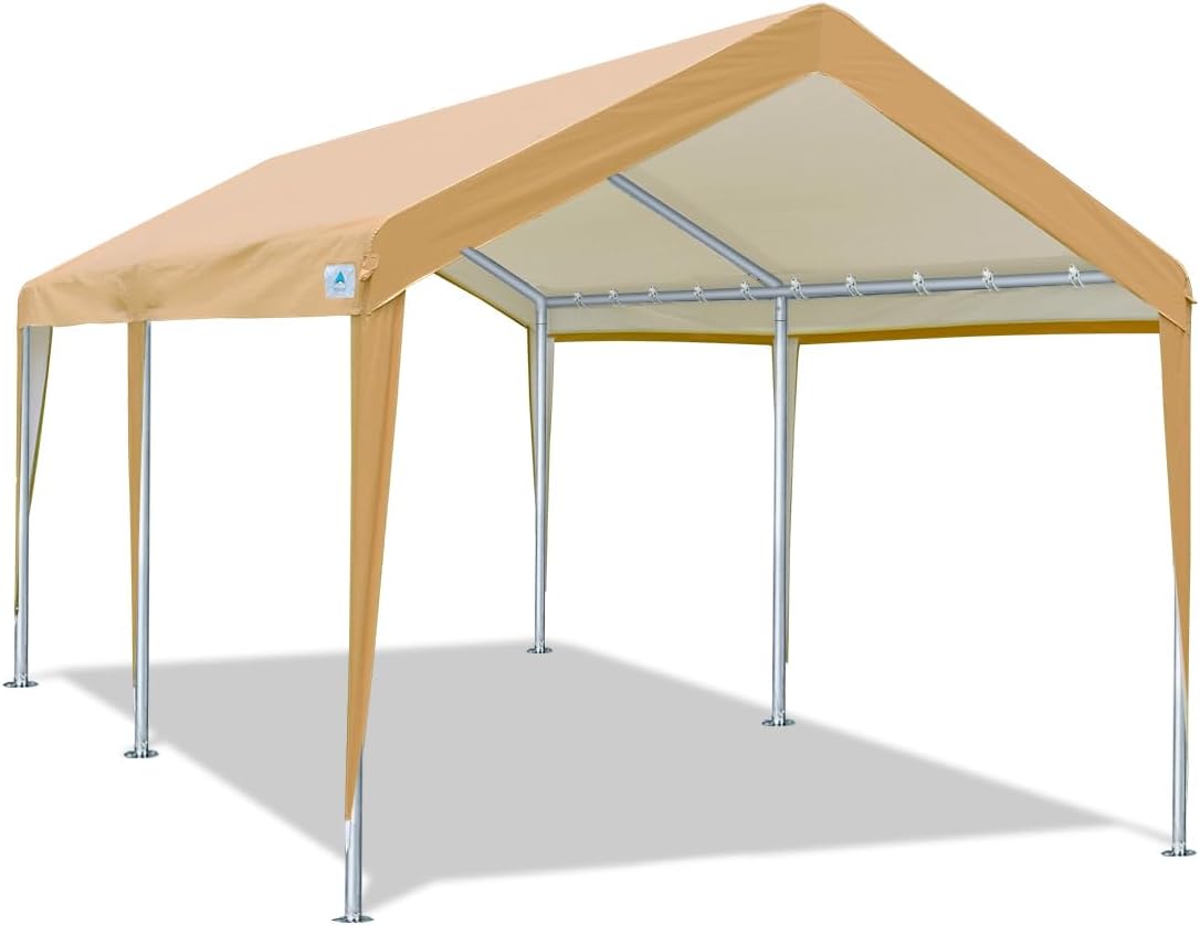 ADVANCE OUTDOOR 10x20 ft Heavy Duty Carport Potable Car Canopy Garage Party Tent Boat Shelter, Adjustable Height from 9.5 ft to 11 ft, Beige