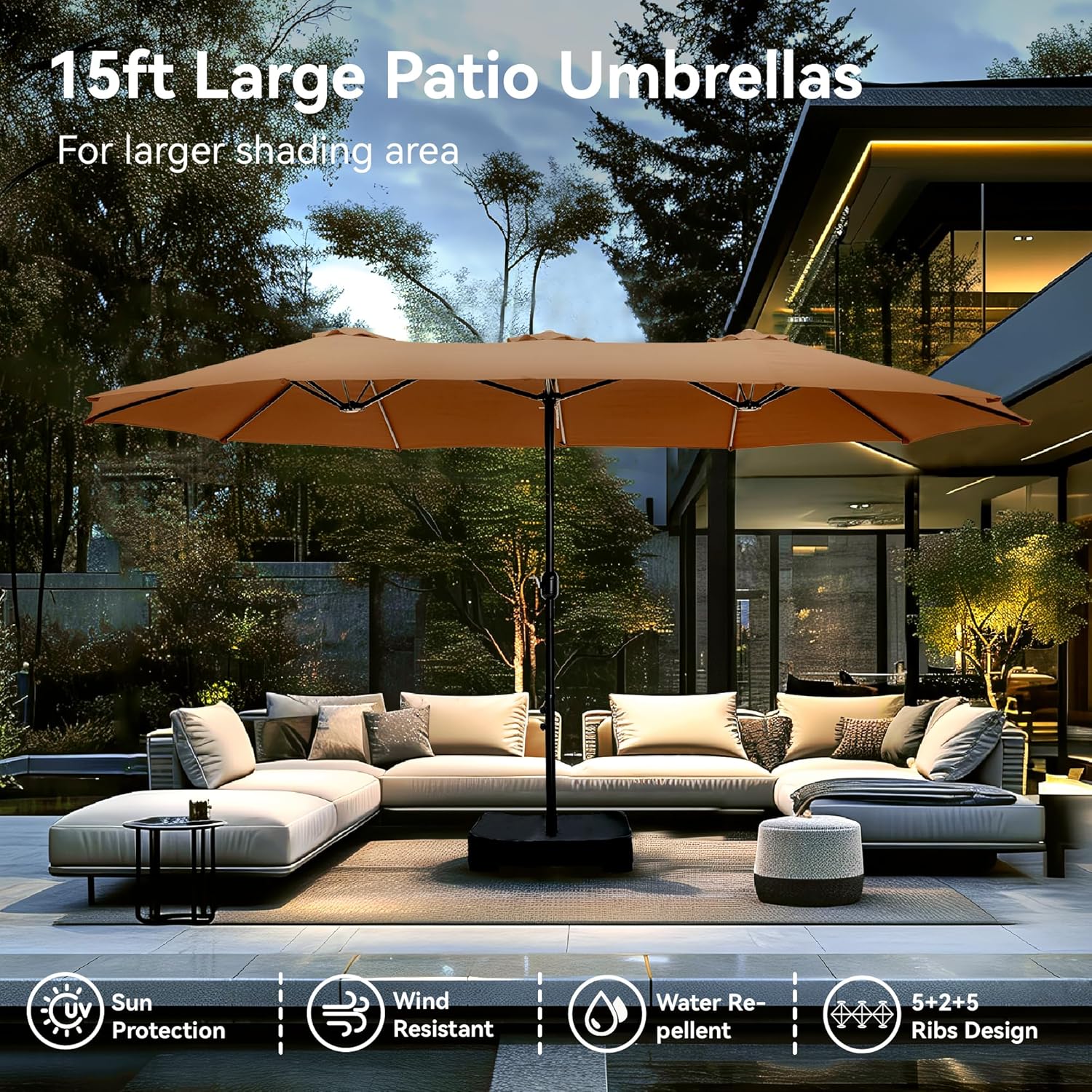 15ft Patio Umbrella Double-Sided Outdoor Market Extra Large Umbrella with Crank, Umbrella Base Included (Dark Red)