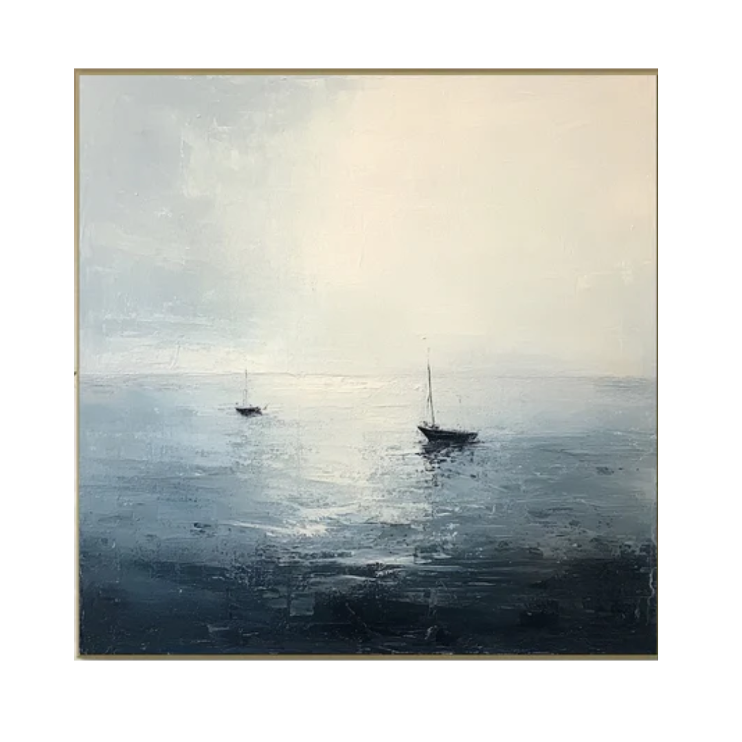 Oceanic Calm Distant Boats Painting for Relaxing Interiors #BBA 040