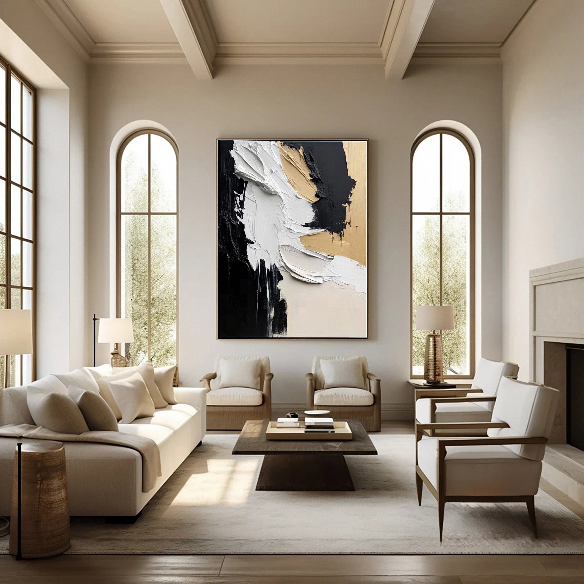 Luxury Abstract Wall Art Chic Black and Gold Brush Strokes #BBM 041
