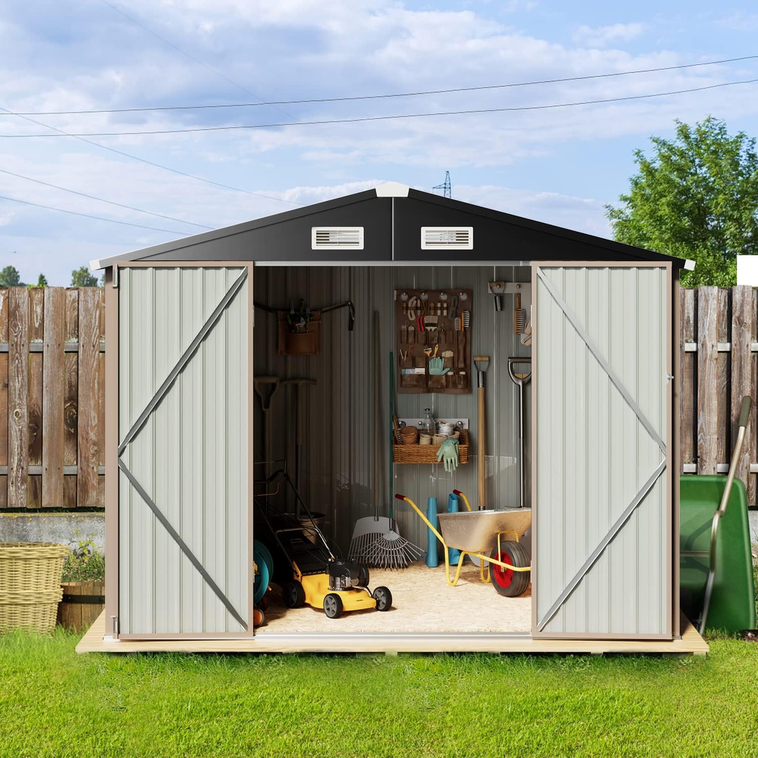 Aoxun 6.2x4 FT Shed Outdoor Storage Shed Metal Garden Shed with Lockable Doors & Slooping Roof Tool Shed Bike Shed for Backyard, Patio, Poolside (Brown)