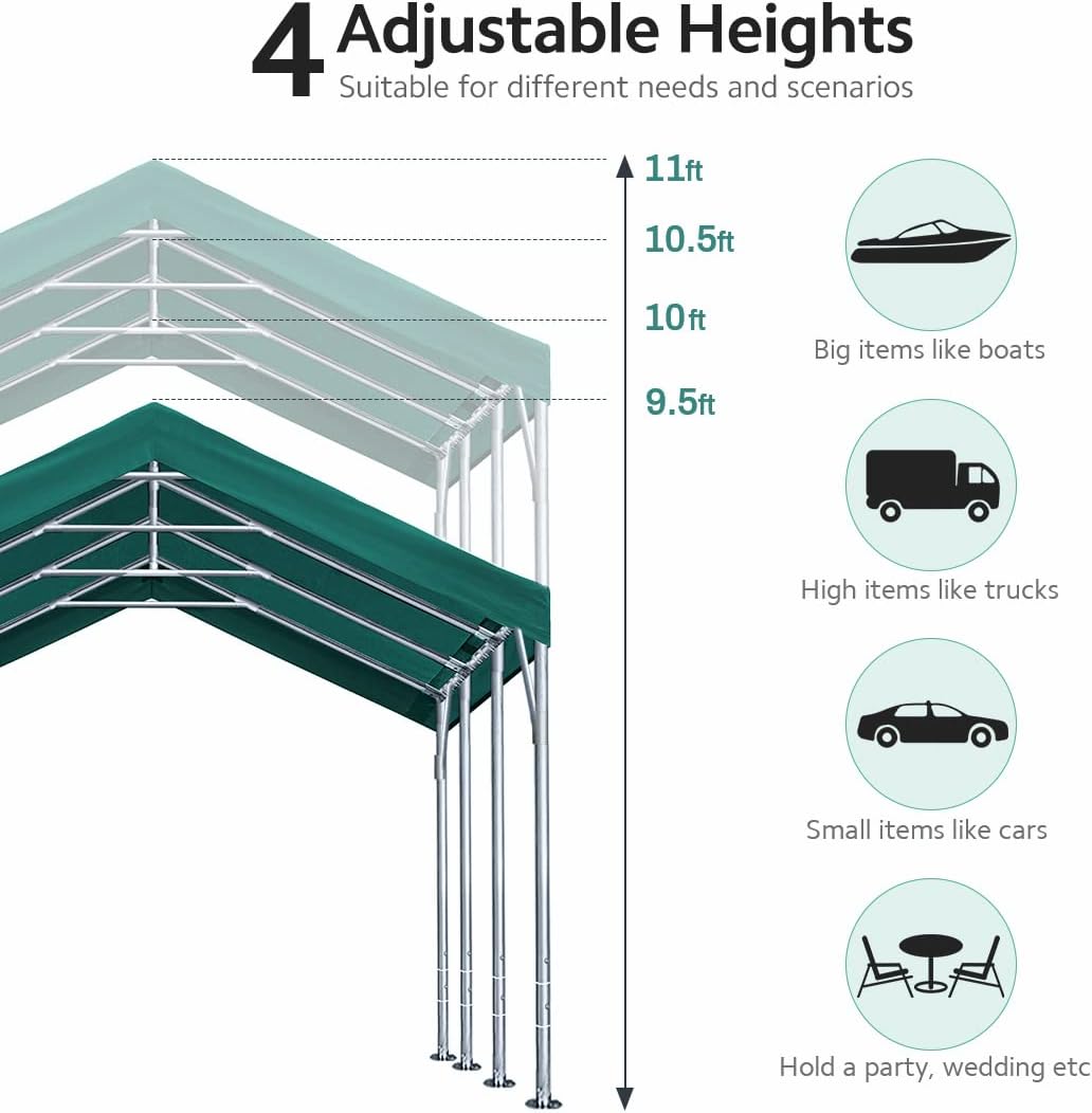 ADVANCE OUTDOOR 10x20 ft Heavy Duty Carport Potable Car Canopy Garage Party Tent Boat Shelter, Adjustable Height from 9.5 ft to 11 ft, Beige