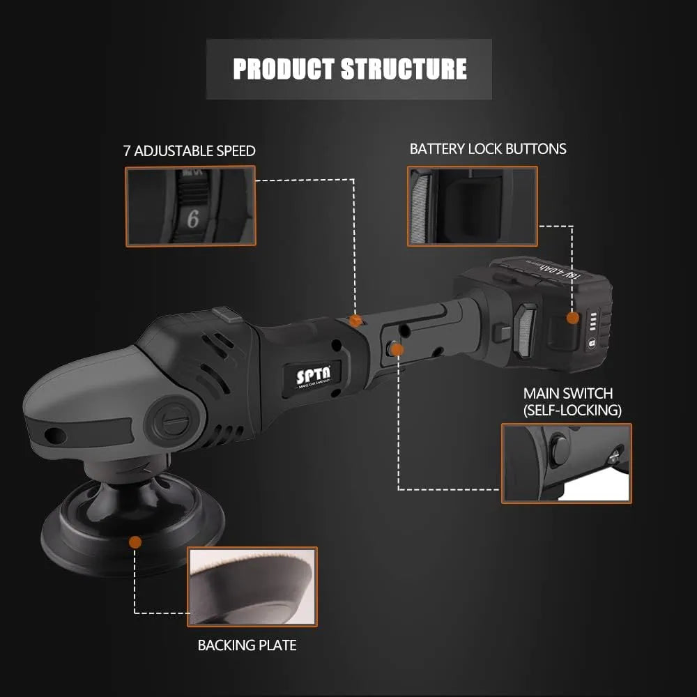 18V Cordless Car Polisher, 15mm Orbit 2000-4800 OPM Portable Buffer Polisher with 7 Variable Speed 2Pcs 4.0Ah Battery, 6 Sponge Pads,2 Wool Pad, Tool Bag for Car Polishing, Waxing
