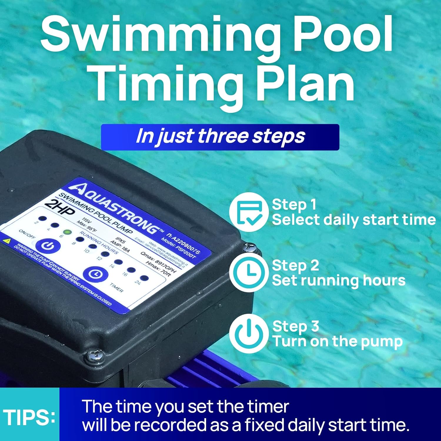 AQUASTRONG In/Above Ground Pool Pump, High Flow (with Timer, 2HP, 8917 GPH, 220V)