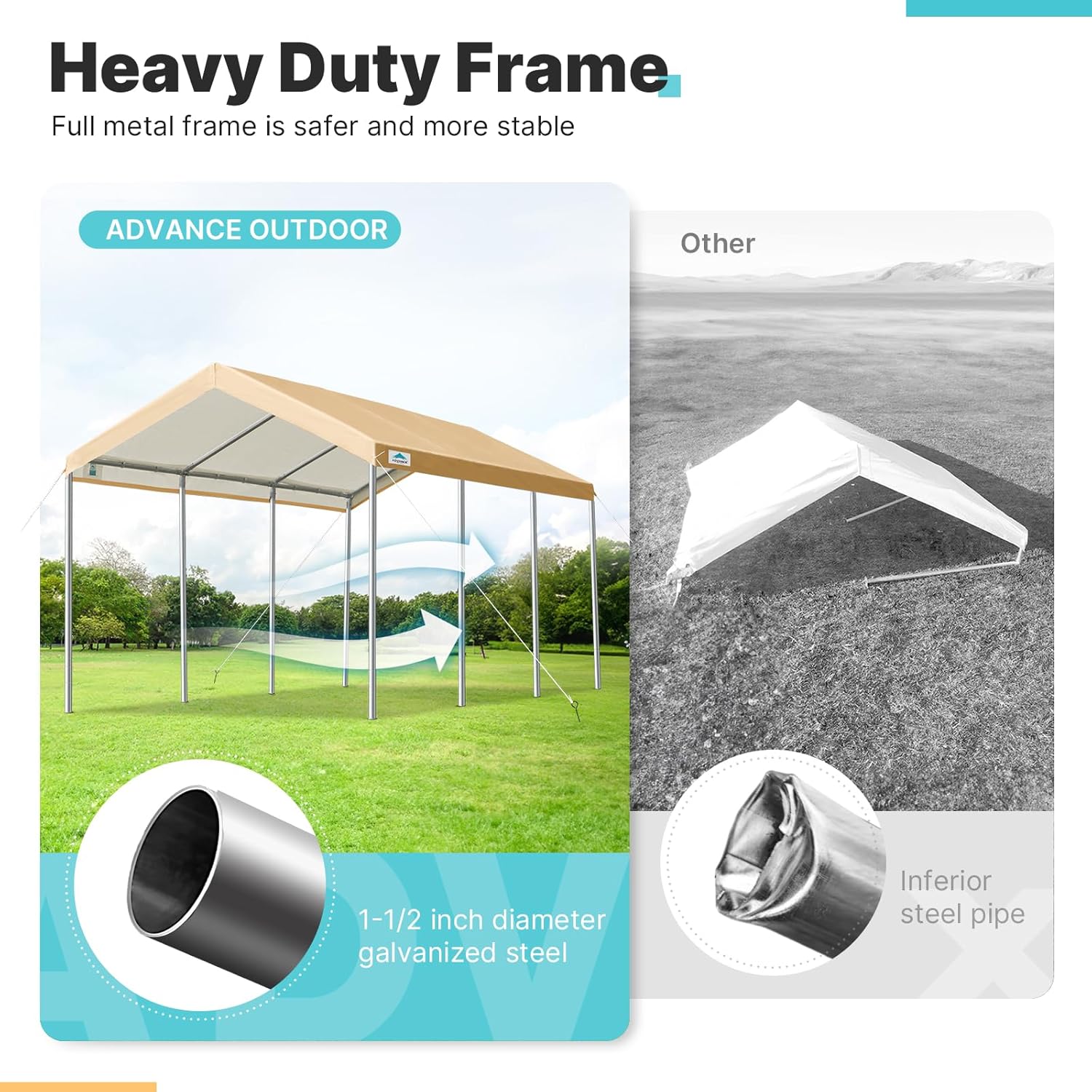 ADVANCE OUTDOOR 10x20 ft Heavy Duty Carport Potable Car Canopy Garage Party Tent Boat Shelter, Adjustable Height from 9.5 ft to 11 ft, Beige