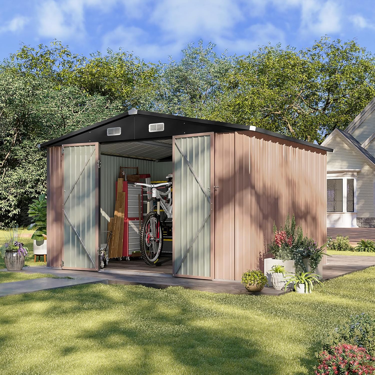 Aoxun 6.2x4 FT Shed Outdoor Storage Shed Metal Garden Shed with Lockable Doors & Slooping Roof Tool Shed Bike Shed for Backyard, Patio, Poolside (Brown)