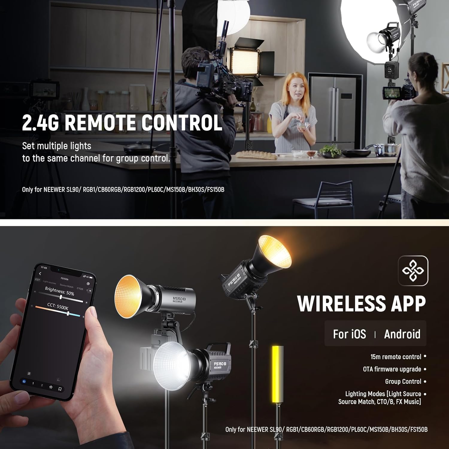 130W RGB LED Video Light APP/2.4G Control 17 Effects, 2500-7500K 19800lux/1m COB Continuous Lighting Output with CRI97/TLCI98 4 Dimming Curves, Spotlight for Studio Shoots, FS150C