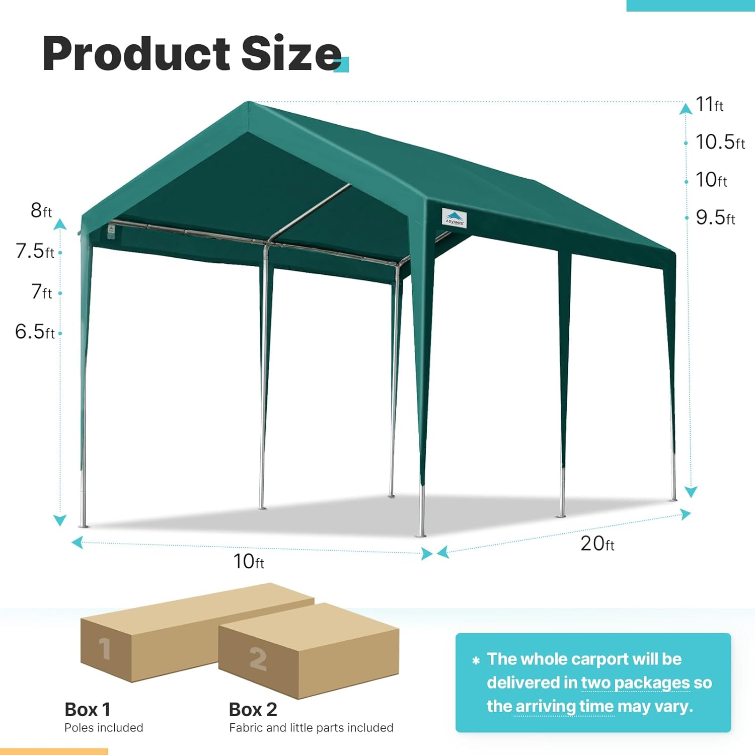 ADVANCE OUTDOOR 10x20 ft Heavy Duty Carport Potable Car Canopy Garage Party Tent Boat Shelter, Adjustable Height from 9.5 ft to 11 ft, Beige