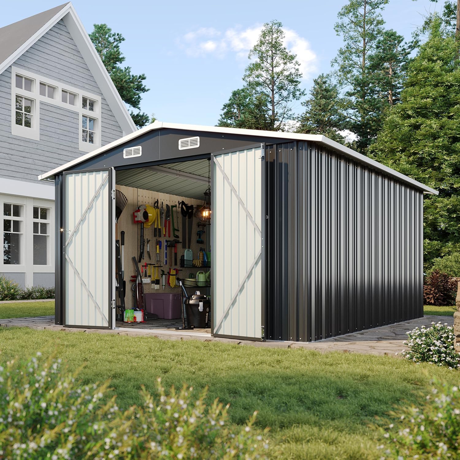 Aoxun 6.2x4 FT Shed Outdoor Storage Shed Metal Garden Shed with Lockable Doors & Slooping Roof Tool Shed Bike Shed for Backyard, Patio, Poolside (Brown)