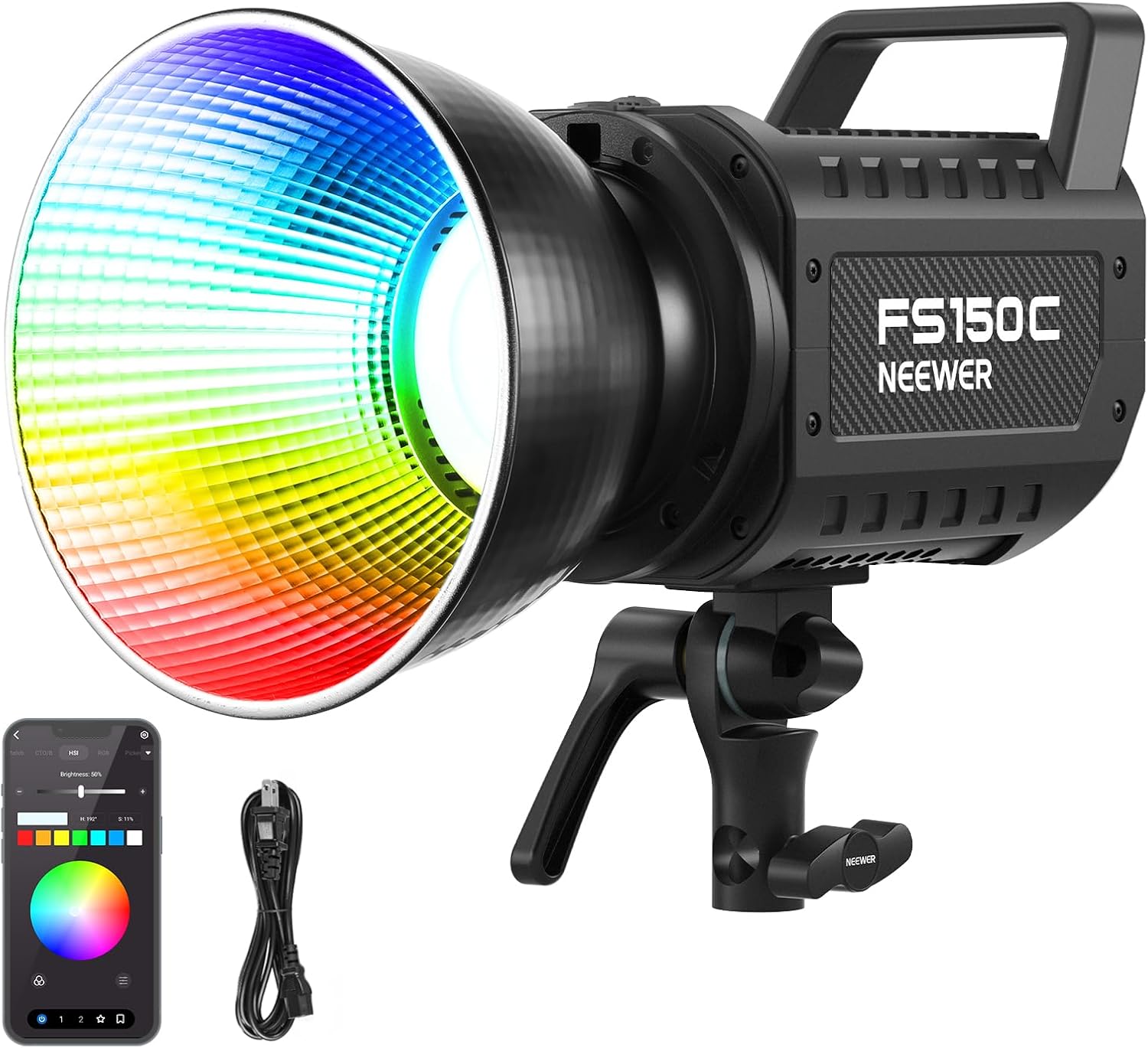 130W RGB LED Video Light APP/2.4G Control 17 Effects, 2500-7500K 19800lux/1m COB Continuous Lighting Output with CRI97/TLCI98 4 Dimming Curves, Spotlight for Studio Shoots, FS150C