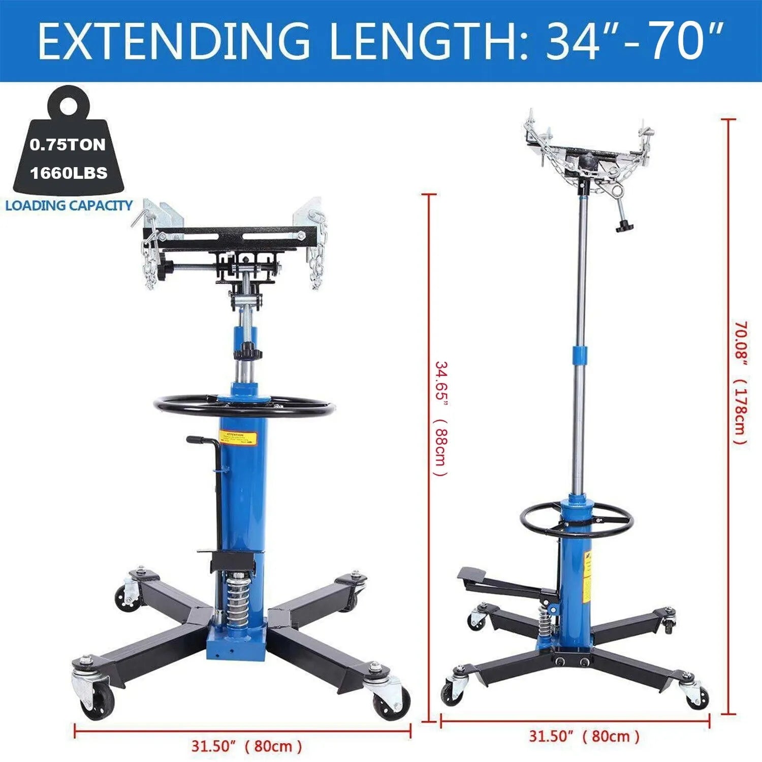 1660 Pounds Hydraulic Car Transmission Jack Vertical Lift with 360° Swivel Wheel Pedal ,Blue,33"-70"(0.75Ton)